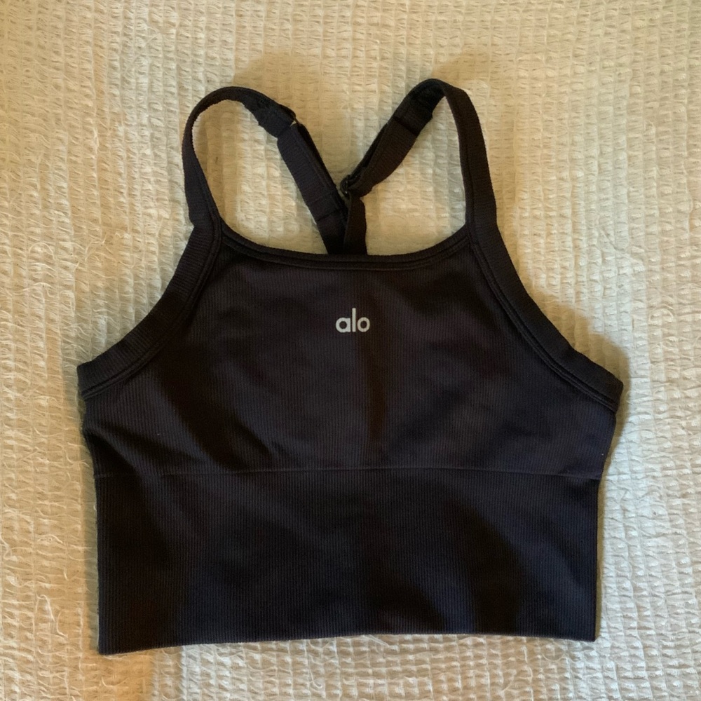 Alo Yoga Seamless Ribbed Favorite Sports Bra Tank Top Black Logo Size Small - Picture 6 of 11